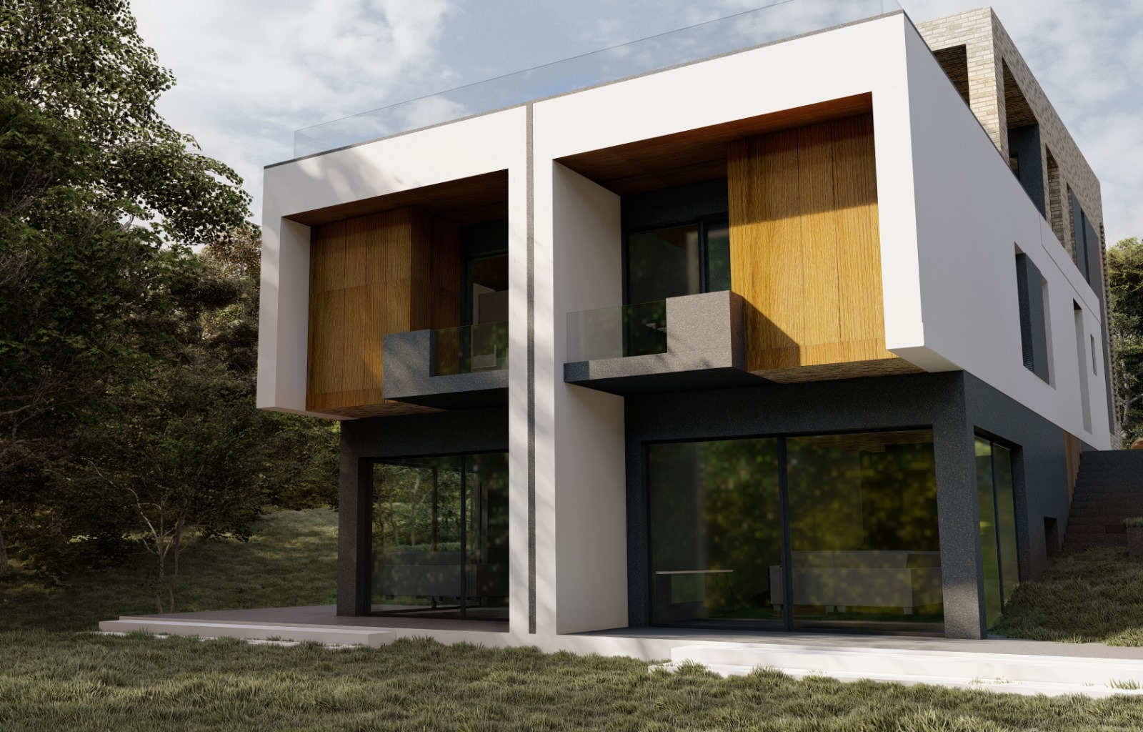 Vedere din grădină cu design modern alb și lemn