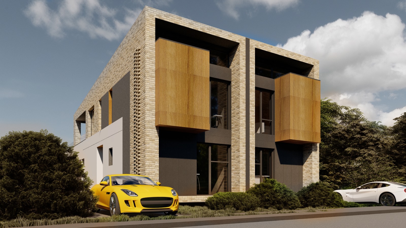 Vedere laterală a fațadei cu cărămidă și balcoane din lemn